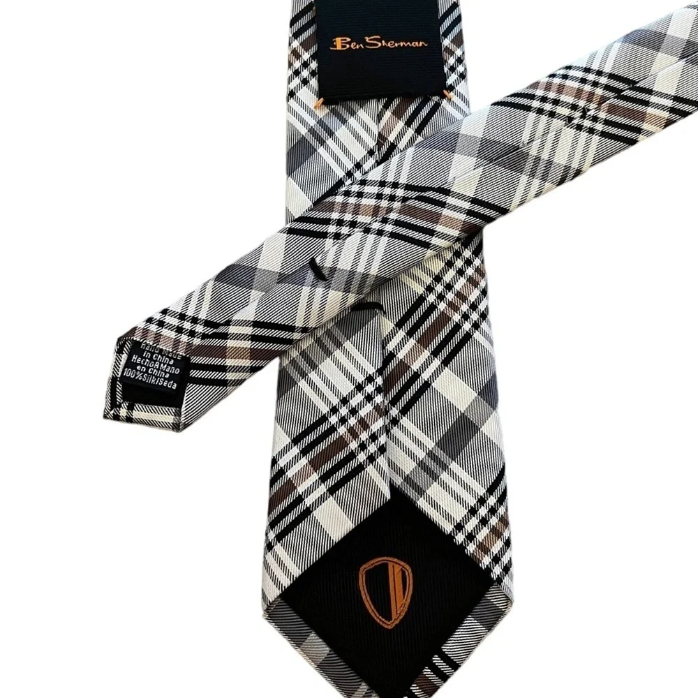 Ben Sherman black white & tan plaid skinny tie, 100% silk